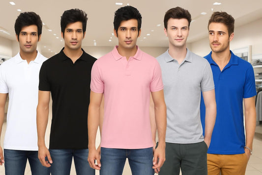 Half Sleeves Mens Polo T-Shirt Pack Of 5 Poly Matte Solid